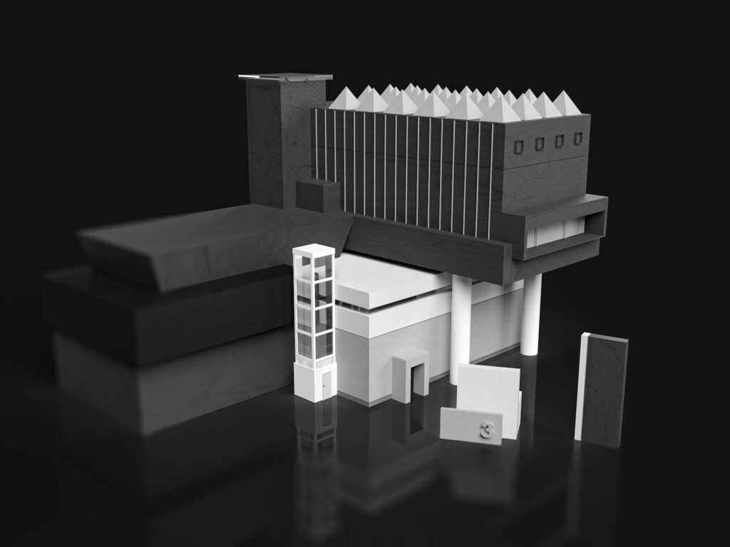 a black and white photo of a model of a building